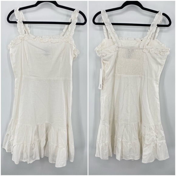 Aqua NWT Ruffled Strap Mini Dress Sleeveless Smocked Linen Blend White Large New - Picture 2 of 13
